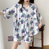Pbong  Loose Floral Printing Pajama Set Summer New Women Night Wear Pj Set Half Sleeve Knee V-neck Sleepwear Femme Nightie