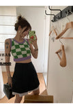 Pbong  Checkerboard Knit Tank Top for Women Contrast Color Crew Neck Sleeveless Crop Sweater Vest Teengirl 90s Y2K Spring Summer Outfit