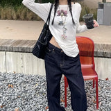 Y2k Printed Off Shoulder T-shirt Sweet Transparent White Long Sleeve T-Shirts Korean Fashion Casual Loose Tops Slim Up