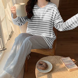 Pbong  Spring New Arrived Pajamas Set Women Comfort Cotton Stripe Long Sleeve Tops With Chest Pat Long Trousers Ladies Pullover Pjs Set