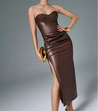 Luxury Leather Strapless Short Dress Chic Womens Summer Sexy Party Waist Curvy Dresses 2025 Evening Red Green Brown Y2K Cocktail