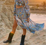 Pbong  Blue Floral Print Midi Skirt Spliced Ruched Ruffle Hem Hippie Women Tassel Bow Elastic Waist Swing Skirts Holiday