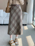Faux Woolen Plaid Long Skirt Women Vintage Slim High Waist Back Slit Belt Skirts Korean Fall Winter Elegant Long Skirts New