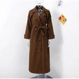 Elegant Grey Belt Long Faux Wollen Coat Women Lapel Double Breasted Street Coats Female 2025 Autumn Winter New Lady Peacoat