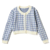 Women Checkerboard Crop Knit Cardigan Sweater Long Sleeve Button-up Box-fit Plaid Knit Top Teenage Girls Outfit