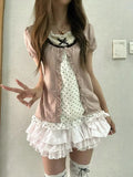 American Style Vintage 2 Piece Set Woman Sweet Girl Fake Two Short Sleeved Tops Casual Lace Mini Skirt Chic