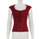 Euramerican All Match Casual Sqaure Collar Sleeveless Camisole Y2k Exquisite Hollow Oue Design Tops Solid Bow Design Clothes