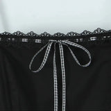 Pbong  Sexy Black Spliced White Sling Dress Women Drawstring Ribbon Bow Slash Collar Slim Low Waist Swing Mini Dresses Summer Robe