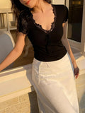Pbong  French Style Knitted Cropped Blouse Bodycon Summer White Black Cotton Elegant Tie Lace Up Vocation Y2K Sexy Ladies Shirts Tops