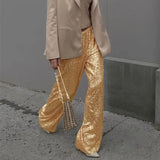 Pbong  Women Sequin Wide Leg Pants Stretchy High Waist Loose Straight Trousers Club Party Elegant Long Pants Streetwear