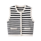 Striped Sweater Vest for Women Gold Button Waistcoat Soft Knitted Sleeveless Cardigan Jacket Top Fall Winter Korean Chic Outfit