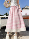 Pbong  Sweet Plaid Long Skirts Women Preppy Style Loose Elegant A Line Skirt Vintage High Waist Lace Patchwork Cute Female Skirts