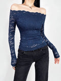 Sexy Lace Off shoulder Top Women Stretch Full Lace Lined Basic Long sleeve T-shirt Lady Slim Hollow out Mesh Blouse Feamle Tee