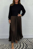 Pbong  Autumn Winter Elegant Patchwork Knitted Sweater Long Dresses Office Ladies O Neck Long Sleeve Mid Waist Pleated Knitting Dresses