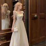 Pbong  Sweet Gentle Square Neck Dress Summer New Temperament Waist-sharp Mid-length Dress