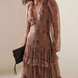 Autumn Casual Bohemia Dresses Elegant V-neck Ruffled High Waist Evening Dress Women Fashion Printed Mesh Pleated Long Dress
