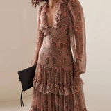 Autumn Casual Bohemia Dresses Elegant V-neck Ruffled High Waist Evening Dress Women Fashion Printed Mesh Pleated Long Dress