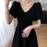 Red V-Neck Women's Dress plus Size Summer New Style Age-Defying Bubble Sleeve High Waist A-Line Skirt CleanFit Polyester Cotton