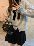 Elegant Women Knitted Cardigan Bow Cute Long Sleeve O-Neck Bright Silk Single Breasted Korean Style Sweater Party Autumn