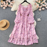 Pbong  Women Dress Spring and Autumn Fashion Print Floral Elastic Waist A-line Chiffon Dress Korean Beach Long Robe Femme