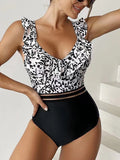 Leopard Ruffle  One Piece Swimsuit Women High Waist Mesh Tape Swimwear Female Beachwear V-neck Bathing Swimming Suit Summer