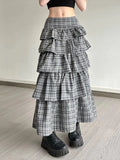 Vintage Plaid Skirt Women Preppy Style Sweet Ruffle Cake Long Skirt Harajuku Fashion Patchwork Layered Skirts Street