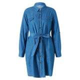 Pbong  Women Autumn Denim Shirt Dress Solid Color Long Sleeve Button-Down Lapel Short Dress with Belt