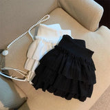 Pbong  Sweet Puffy Cake Women Skirts Korean Fashion Ruched Ruffle Mini Skirt Campus Harajuku Casual Versatile Elastic Waist Solid Skirt