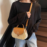 Pbong  Straw Beach Bag PU Leather Clutch Purse Flap Crossbody Bag Handmade Top Handle Purse for Women