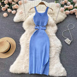 Pbong  Sexy Waistless Knitted SLing Dresses for Summer Women's Dress New Korean V-neck sleeveless Midi wrap buttocks split dress