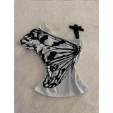Pbong  Sexy Off shoulder Summer T shirt Women Korean Harajuku Aesthetic Print Short sleeve Body Tops Female Tees Cotton Front Bow Tied