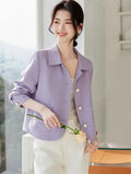 Elegant Slim Purple Jacket Women Sweet Long Sleeve Small Fragrance Coat Casual Fall Winter Lady French Pockets Fashion Tops