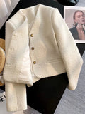 Slim Elegant Tweed Jacket Women Vintage Long Sleeve Sweet Short Coat French Casual Vintage Lady V Neck Single Breasted Tops