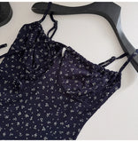 Pbong   Dark Blue Floral Dress Short Sexy Lace-up Bow Squared Collar Mini Dress Korean Chic Hot Girl Summer Beach Spaghetti Strap Dress