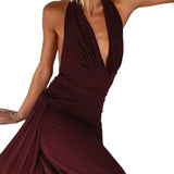Pbong  Fashionable Sexy Long Dress V-Neck Hanging Neck Backless Slim Fit Bodycon Dress Milk Silk Fabric High Waist Street Style