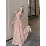 Pbong  Sweet Gentle Square Neck Dress Summer New Temperament Waist-sharp Mid-length Dress