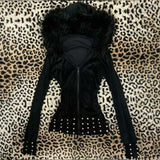 Lunivop  Women Edgy Collarless Slim Fit Long Sleeve Solid Color Medium Weight Jacket with Faux Fur Trim Zipper Front and Studded Detail
