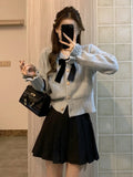 Elegant Women Knitted Cardigan Bow Cute Long Sleeve O-Neck Bright Silk Single Breasted Korean Style Sweater Party Autumn