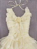Pbong  Slim Sweet Ruffles Dress Women Fashion 3D Floral Casual Elegant Mini Dress Summer Sexy Sleeveless Lady Yellow Cake Vestidos