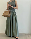 Korean Style round Neck Slim Fit Splice Pleated Maxi Dress Women's Sleeveless Dress Spring  Elegant Long Skirt