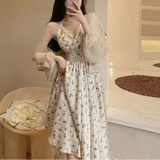 Pbong  Summer New Gentle Wind Fragmented Flower V-Neck Sling Dress Set Waist Wrap Neck Hanging Long Dress Thin Sun Protection Cardigan