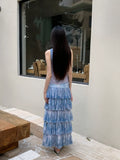 Romance Off The Shoulder Floral Sleeveless Mesh Top Gradient Blue Summer Tank Top Woman 2025 Korean Fashion