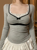Sweet Fairycore Lace Trim Spliced Women’s Tops Long Sleeves Slim Fit Balletcore Gentle Blouses Autumn Trendy Clothes