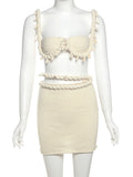 Sexy Crochet Applique Patchwork 2 Piece Set Women  Backless Crop Tops+Bandage Hollow Skirts Vacation Beach Party Suits