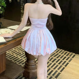 Pink Satin Strapless Knitted Dress Birthday Girl's Gown Floral Skirt Sexy Style Mid Waist Short Length No Sleeve Vintage Art