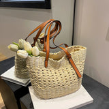 Bohemian Straw Tote Bag with Brown Faux Leather Straps Inner Pouch Spacious Woven Shoulder Purse for Vacation Casual Outings