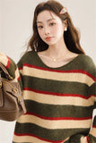 Korean Sweet Striped Sweater Women Sexy V Neck Vintage Knitted Jumper Casual Long Sleeve Female Lazy Wind Pullover Tops New