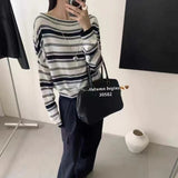 Off Shoulder Striped Knit Top for Women Long Sleeve Off-the-Shoulder Pullovers Jummper Ladies Fall Winter Korean Fashion Outfit