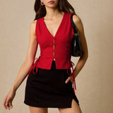 Vests Spring Summer French  Skinny Fit Single Breasted Lace-Up Sleeveless V-Neck Fashion Vests For Women