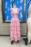 Pbong  Women Summer Floral Print Ruched Bust Sleeveless V-Neck Ruffle Layered Lace-up Backless Flowy A-Line Long Cake Dress